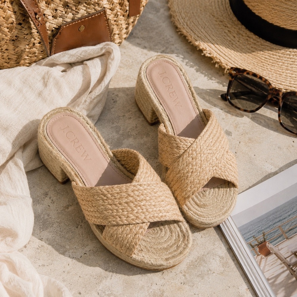 J.Crew Raffia Espadrille Sandals Women's 7.5 Natural Woven Block Heel Slides